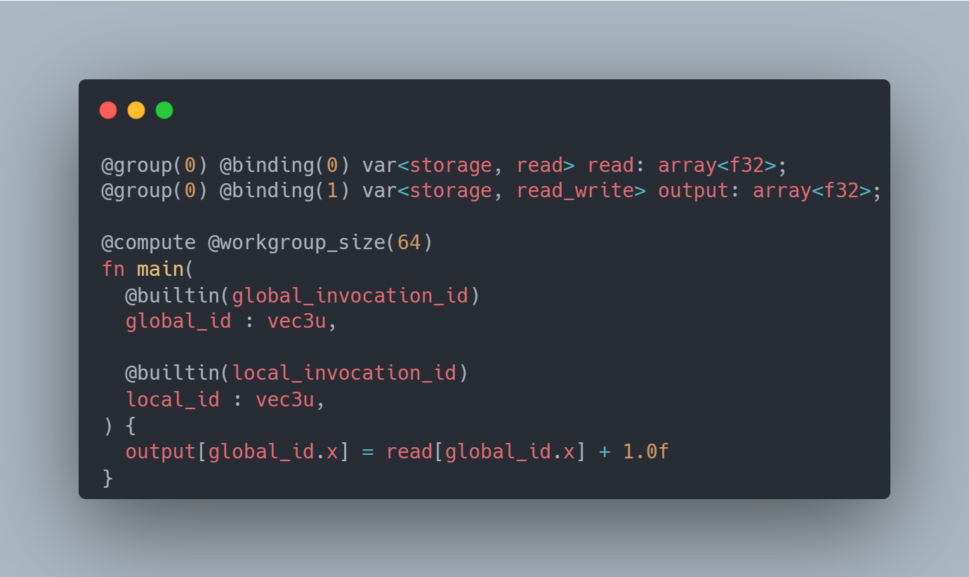 Code snippet of a compute shader adding 1 to a list of values