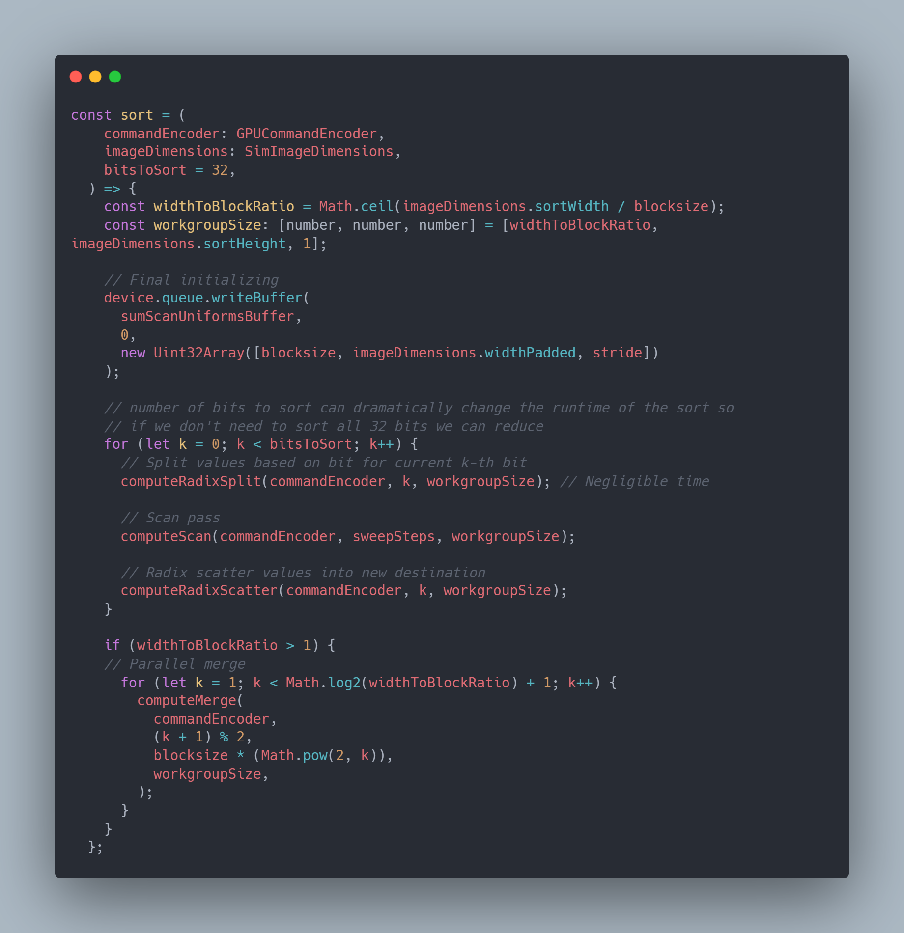 Code snippet showing the steps of the sort function