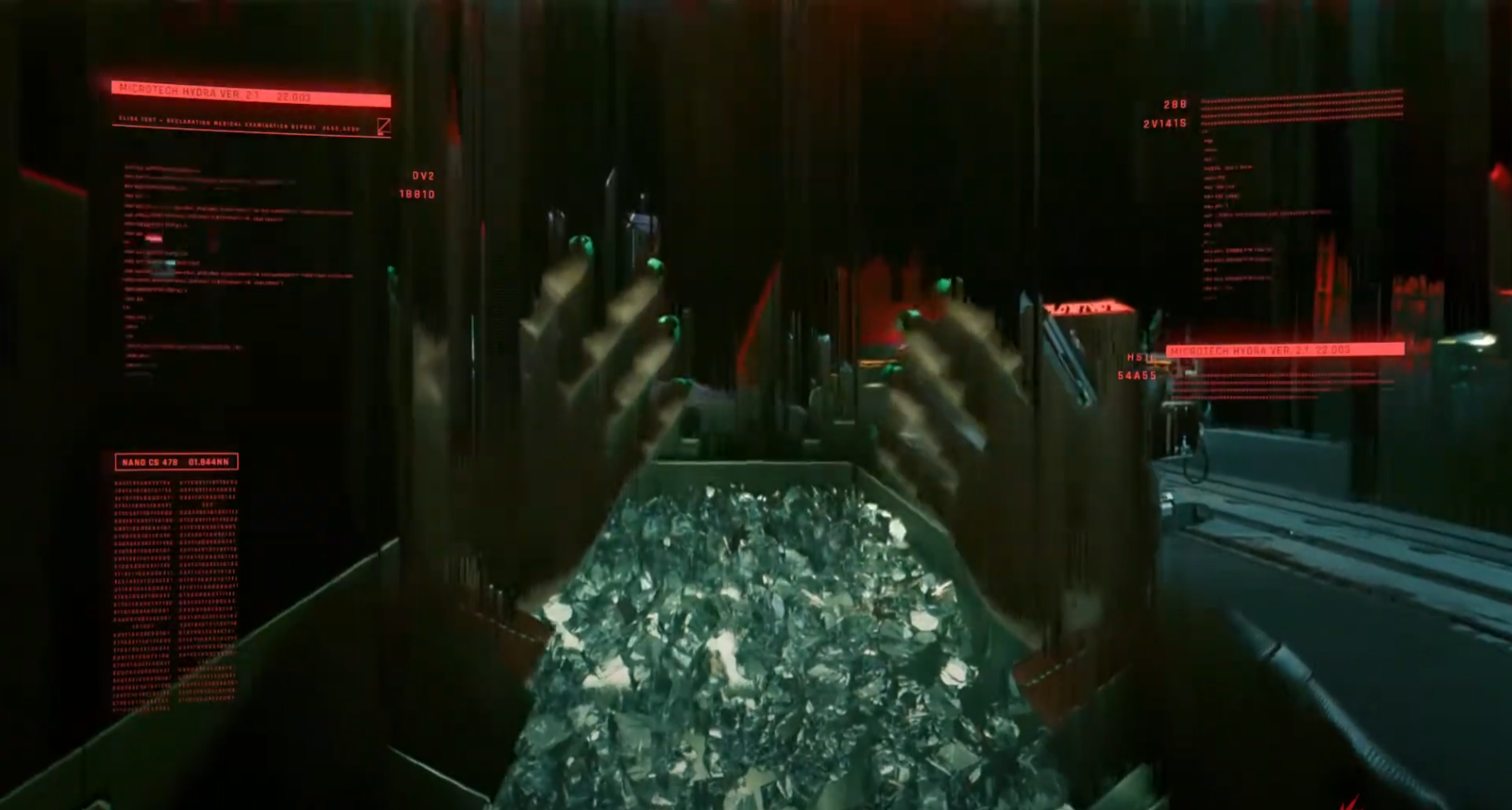 Screenshot from Cyberpunk 2077 by CD Projekt Red with pixel sorting being used in a cutscene.