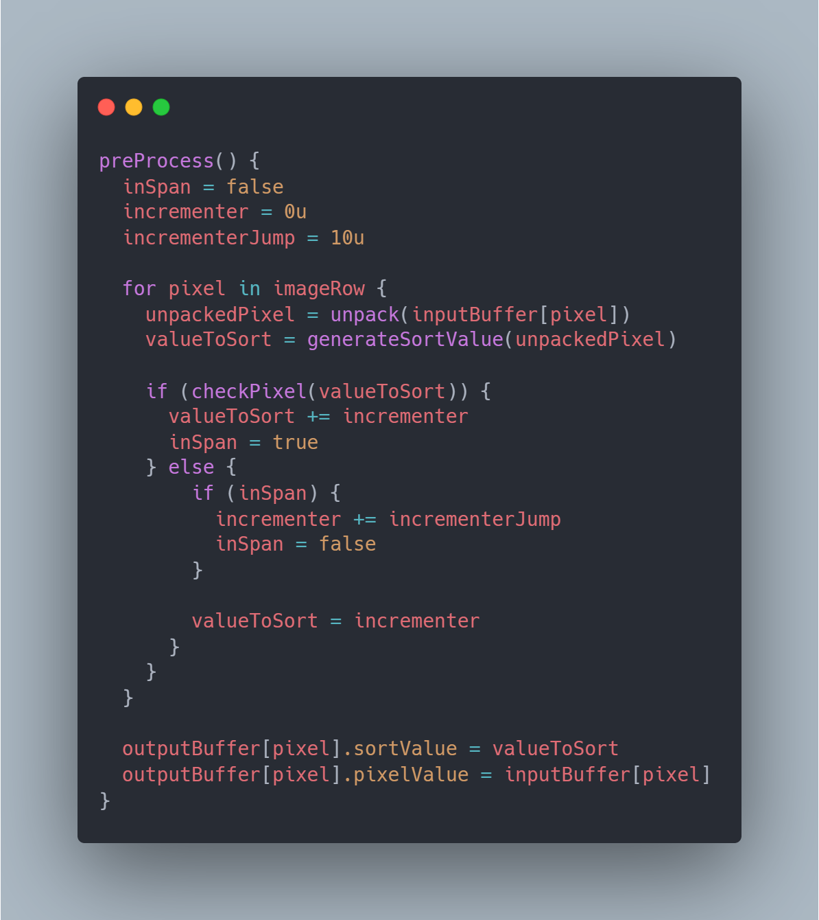 Code snippet of psuedocode of the preprocess step