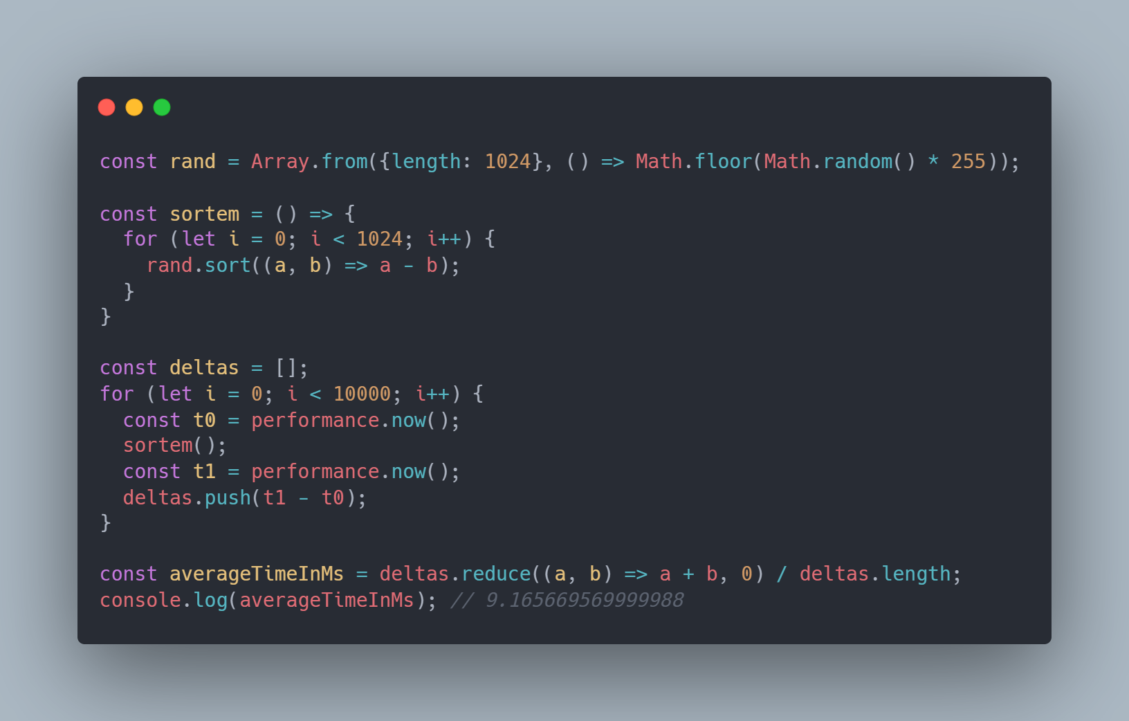 Code snippet of javascript showing sorting 1024 random arrays of 1024 numbers averages 9.2ms