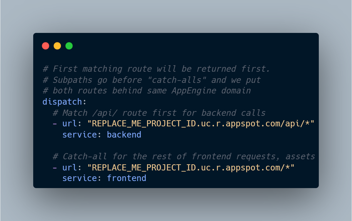 Code snippet of AppEngine routing rules with an api subpath and a catch-all