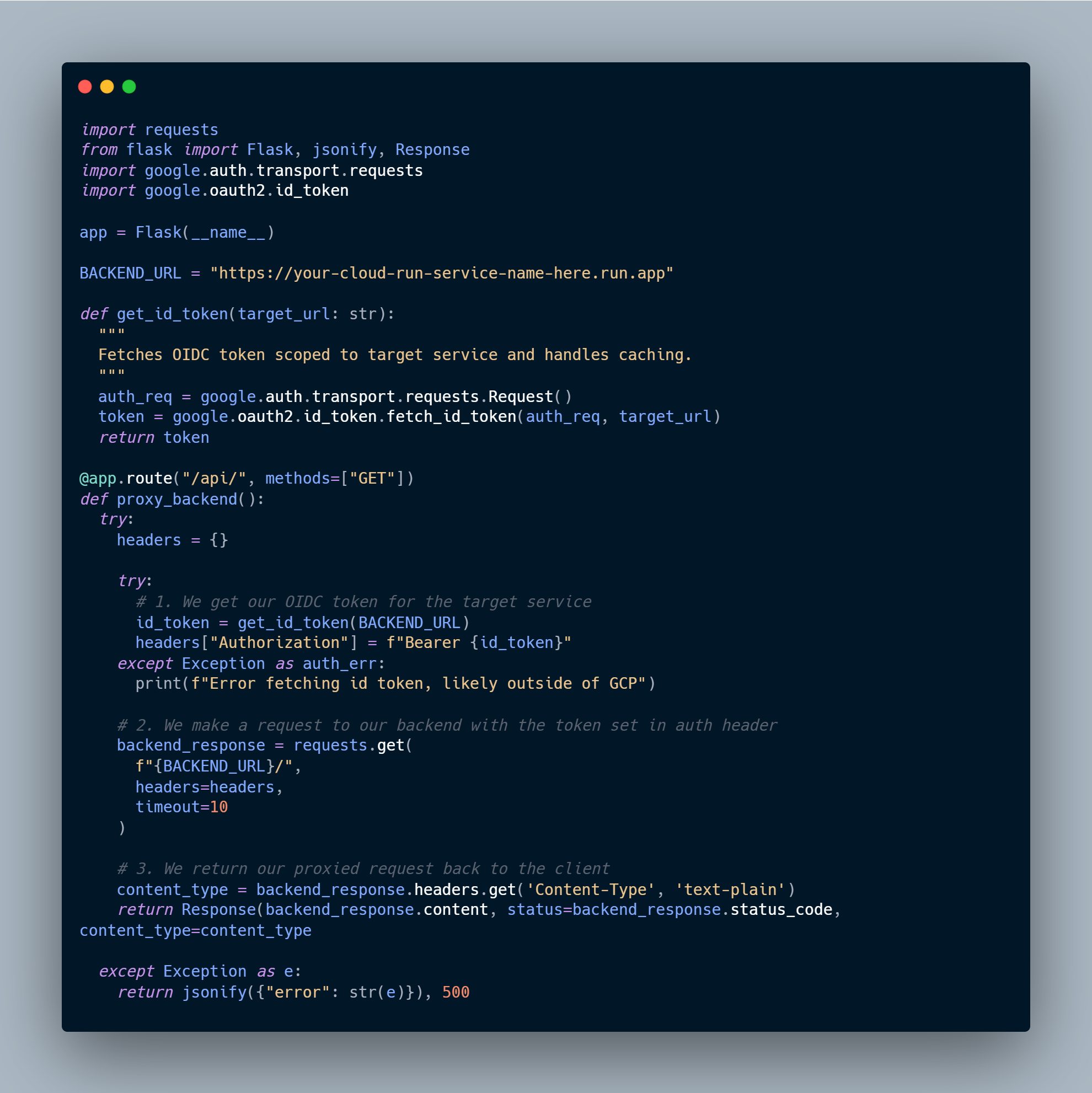 Code snippet of a Flask app and a helper function getting an OIDC token