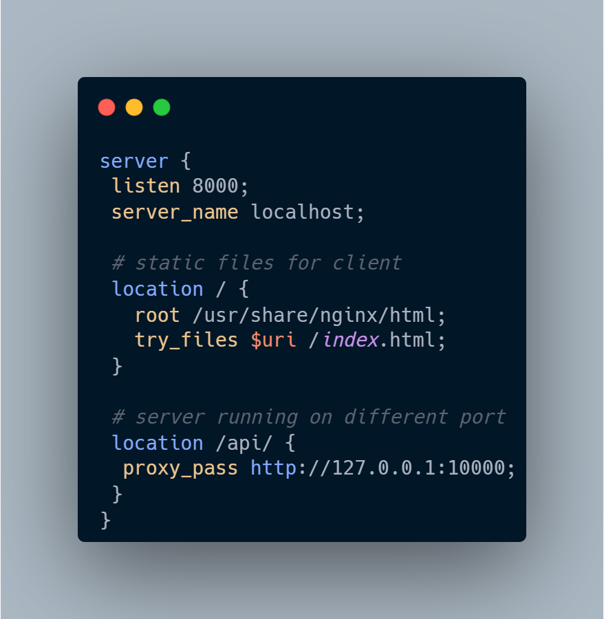 Code snippet of NGINX config showing static files served at root and a proxy pass at a subdomain